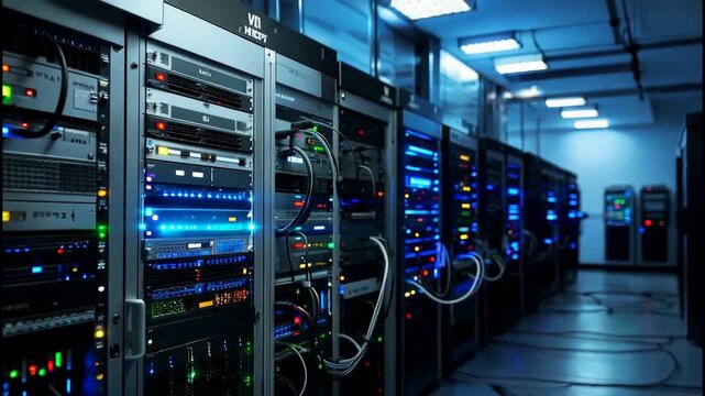 Server Room with Multiple Computer Servers.