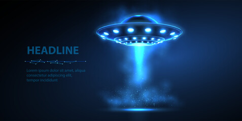 Glowing UFO hovering over dark blue background with beam light. Alien spacecraft, futuristic flying object, sci fi technology, mystery transport, space exploration, fantasy concept. 3D illustration © NeonGridStudio