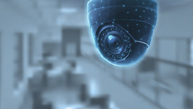 Close view of dome security camera in blurred office interior. Surveillance technology, monitoring system, workplace safety, digital protection, modern control, security service concept.