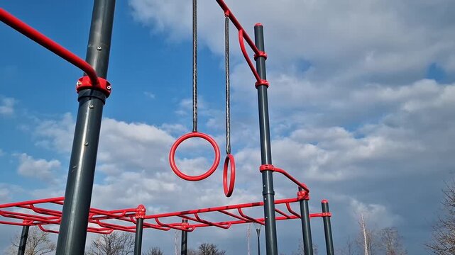 Gymnastic rings for the street. Open-air sports grounds. Red pull-up rings on the sky background. Public space for training. Concept of physical activity development. Zones for various exercises