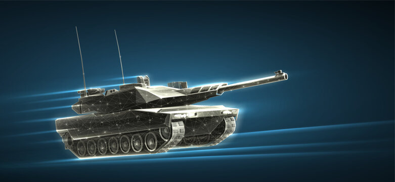 Futuristic battle tank with glowing lines on dark blue background. Military vehicle, armored defense, warfare technology, army transport, tactical machine, power concept. 3D illustration