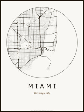 Miami city map poster design. Street map art of Miami United States. Black and white minimalist road network with downtown district for wall art home decor printable urban cartography. monochrome