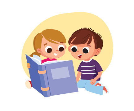 Cute boy and girl are sitting on the floor and reading book, with pleasure and curiosity. Kids, children who love to read. Class reading. Children library. Reading for fun Isolated vector illustration