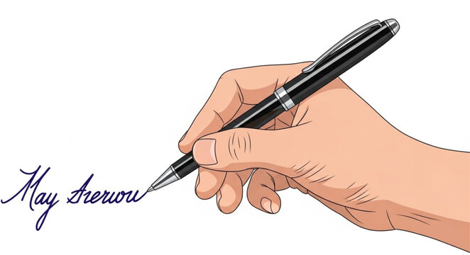 Hand holding pen writing calligraphy on white background illustration.