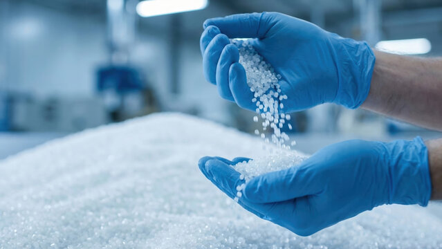 Worker in gloves inspecting the quality of white plastic polymer granules in a factory.