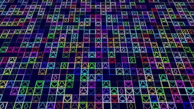 A Vibrant Abstract Neon Playing Card Suits Background Featuring Glowing Hearts, Diamonds, Clubs, And Spades In A Multi-colored Grid Pattern. This Futuristic Digital Animation Showcases A Stylish 80s S