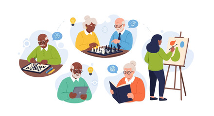 Fototapeta premium Active Seniors Enjoying Hobbies & Mental Stimulation: Elderly People Reading, Playing Chess, Puzzles & Painting for Healthy Aging