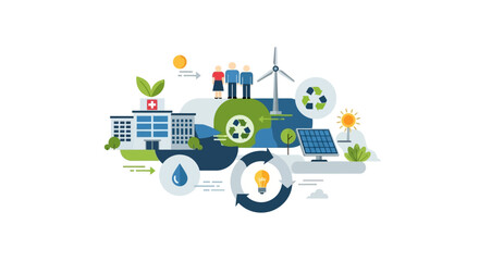 Fototapeta premium Sustainable City Living & Green Energy Concept. Eco-Friendly Healthcare, Renewable Power, Recycling, and Community for a Better Future.
