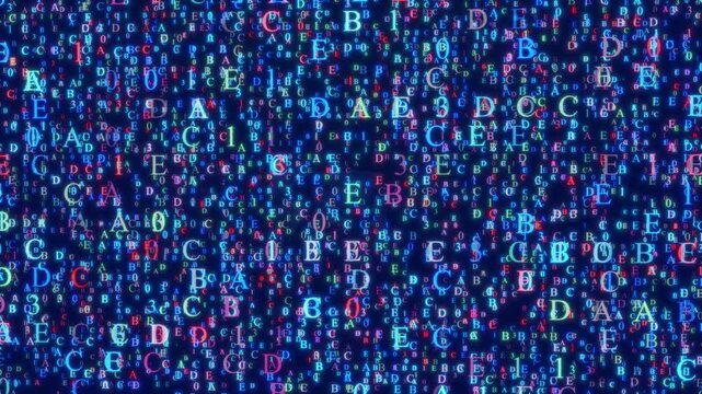 High-tech Abstract Digital Background Featuring A Dense Grid Of Glowing Alphanumeric Characters In Vibrant Cyan, Magenta, And Green Colors Flickering On A Dark Blue Field Representing Data Flow And Co
