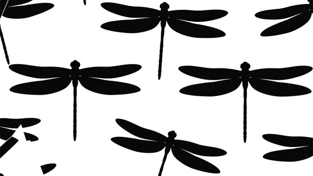 Abstract pattern of black dragonfly silhouettes on a white background creates a dynamic and modern nature-inspired design.