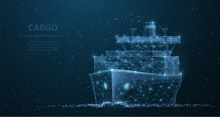 Holographic cargo ship on blue background. Maritime transport, global shipping, freight logistics, ocean delivery, commercial trade, supply chain technology concept. Vector illustration. © NeonGridStudio