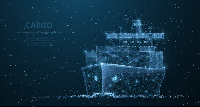 Holographic cargo ship on blue background. Maritime transport, global shipping, freight logistics, ocean delivery, commercial trade, supply chain technology concept. Vector illustration.