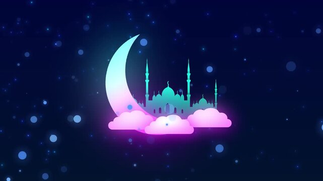 Ethereal 2d Motion Graphic Featuring A Teal Mosque Silhouette Inside A Glowing Crescent Moon On Vibrant Pink Clouds. The Deep Blue Night Sky Is Filled With Twinkling Stars And Soft Floating Bokeh Part