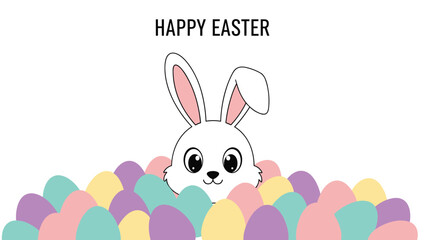 Obraz premium Happy Easter greeting card showing a cute white rabbit peeking out from behind a pile of colorful decorated eggs.