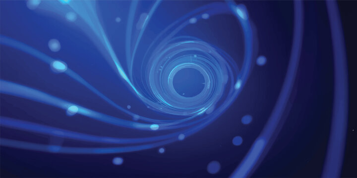 An energetic blue abstract background featuring a digital swirl of circular patterns and light fractals that create a glowing motion vortex with a water wave texture and technology design