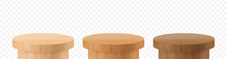 Set of realistic wooden podium stands with natural wood grain texture for product display, presentation and showcase mockup design backgrounds © Angela Ksen