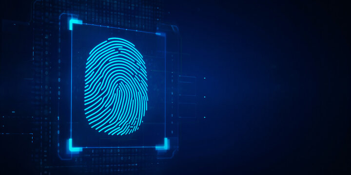Digital Fingerprint Authentication Scan Glowing Neon on Dark Blue Background