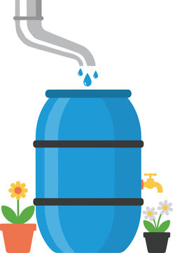 Rain barrel collecting water with steaming spout and flowers nearby simple flat design illustration for water conservation.