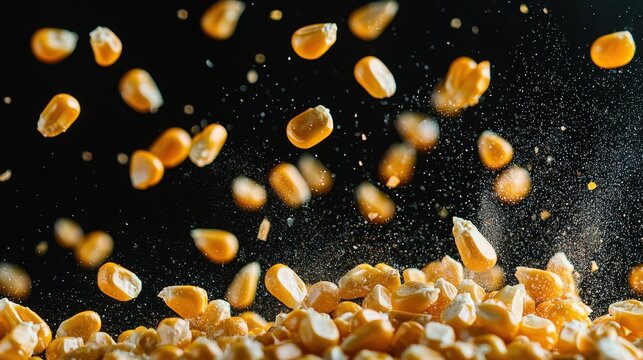 Corn kernel scatter golden kernels bursting upward black background individual pieces frozen motion clustered separated dynamic patterns kitchen action photography