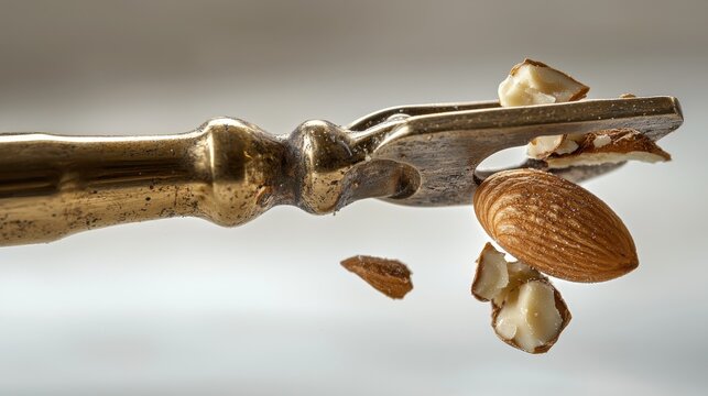 Nut cracking motion vintage brass nutcracker squeezing almond shell breaking fragments flying culinary action frozen moment kitchen tool food preparation dynamic