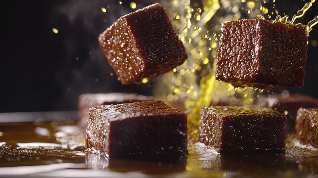 Braised meat browning beef cubes hitting heated oil dramatic splash formation caramelization process dynamic kitchen action