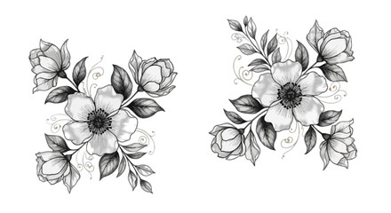 Fototapeta premium Black and White Floral Arrangement with Roses and Leaves in Sketch Style Keywords: floral arrangement, black and white flowers