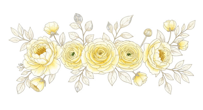 Delicate Yellow Rose Floral Arrangement Border with Green Leaves Keywords: floral arrangement, yellow roses, rose border