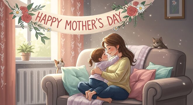 A mother and daughter sitting on a couch, hugging and celebrating Mother's Day with a banner and flowers in the background.