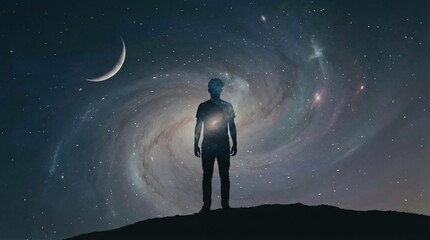 Obraz premium Man standing on hill gazing at galaxy and crescent moon in night double exposure