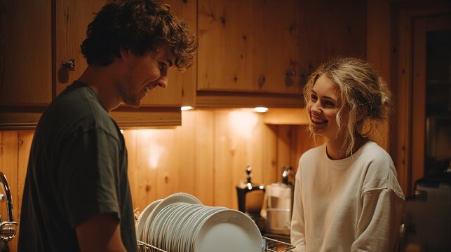 Two people sharing a light-hearted moment in a kitchen filled with wooden cabinets and appliances. The black and white color scheme adds an almost surreal quality to the scene.
