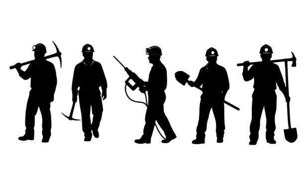 Miner silhouettes with hard hats and tools including pickaxe and drill in industrial poses isolated on white background