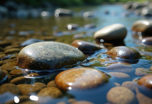 Glassy Riverbed Pebbles Nestled in Crystal Clear Stream Water Cascading Over Shallow Base