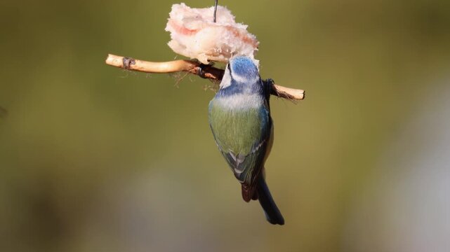 A close-up of a Eurasian blue tit (Cyanistes caeruleus) clinging to a wooden stick while feeding on a piece of lard. The bird is captured with its back to the camera lens.