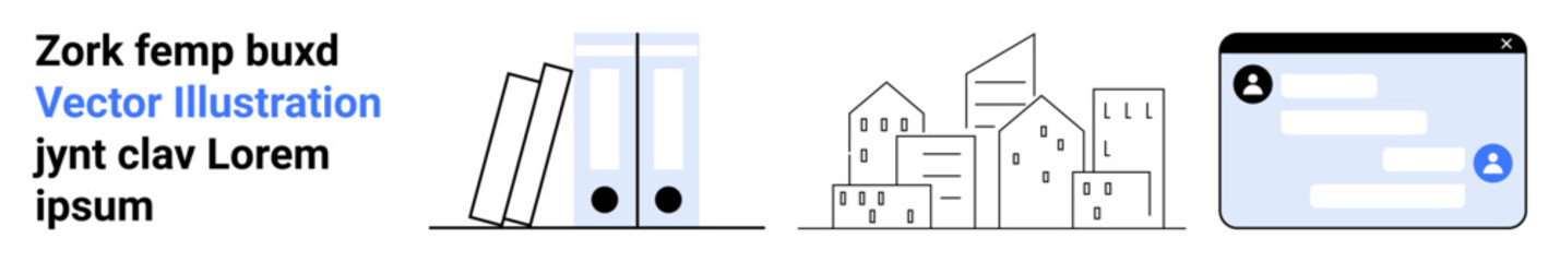 Obraz premium Business tools, communication, urban planning, professional workflow, organization, networking. Books, buildings messaging interface. Business tools and communication concepts