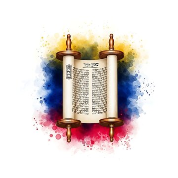 Vibrant illustration of an open Torah scroll with colorful background splashes