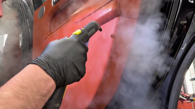 Car detailing and the concept of car interior care. The detailing master cleans the car interior with a hot steam cleaner close-up. Dry cleaning of the car interior, close-up, selective focus. 