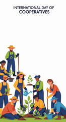 Fototapeta premium International Day of Cooperatives illustration shows diverse group of people planting trees and working together in green environment. International Day of Cooperatives concept emphasizes teamwork,