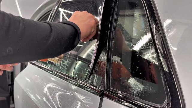 Technician Installing car window tint. Window toned film. Car window tinting specialist install car film windscreen. Applying tinting foil on a window in the detailing studio. Concept of love cars. 