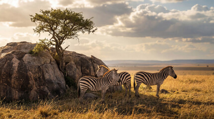 Obraz premium Herd of zebras graze near a kopje rock formation and solitary tree in African savanna at sunset