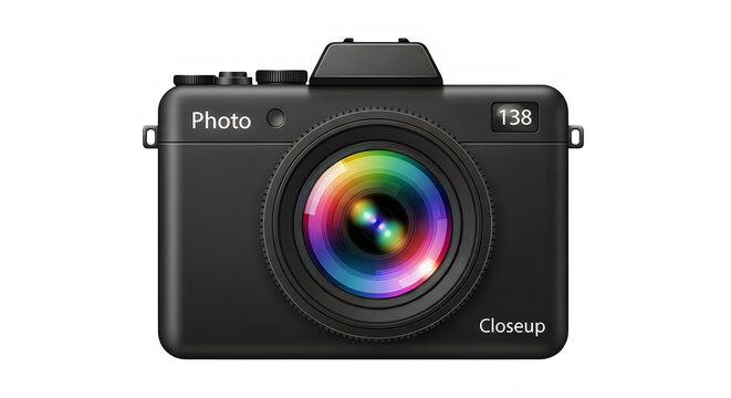 A black canon eos m50 camera with a large lens and colorful reflection