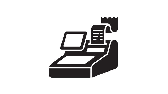 A black silhouette icon represents a modern electronic cash register printing a receipt on a white background.