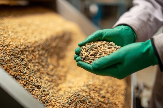 Worker Examines Chicken Feed Quality in a Factory Setting During the Day
