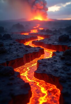 Volcanic Lava Flow Dramatic Landscape Igneous Rock Formation Fiery Eruption Moonscape