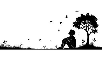 Sitting boy silhouette with tree and birds nature scene black vector illustration isolated on white © Joyanto