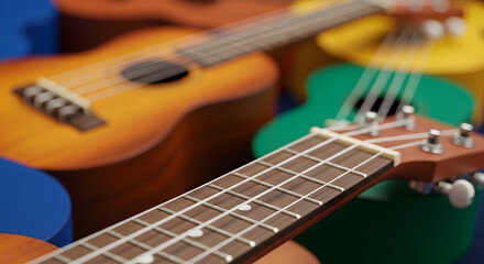 Fototapeta premium A close-up shot of a guitar neck with colorful guitars in the background on a white table in a studio