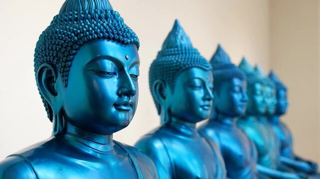Blue buddha statues in a row with serene expressions and ornate hair