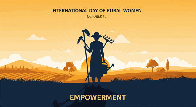 Rural women empowerment silhouette holds farming tools against golden sunset field, symbolizing strength, resilience. International Day of Rural Women, October 15,