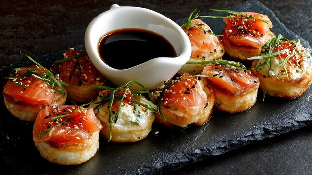 Gourmet salmon canap&eacute;s served with soy sauce on a black slate plate elegantly garnished with fresh herbs