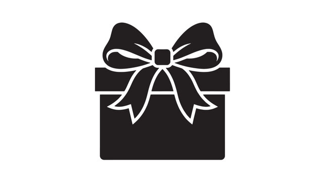 A simple black silhouette icon of a wrapped gift box with a large bow sits isolated against a white background.
