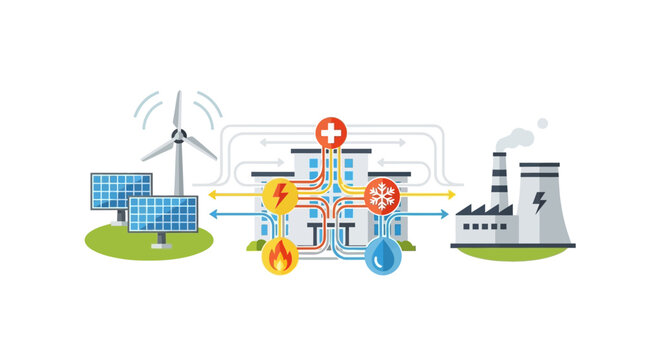 Integrated Energy Management System Diagram: Renewable Power, Smart Grid, Building Utilities & Sustainable Infrastructure